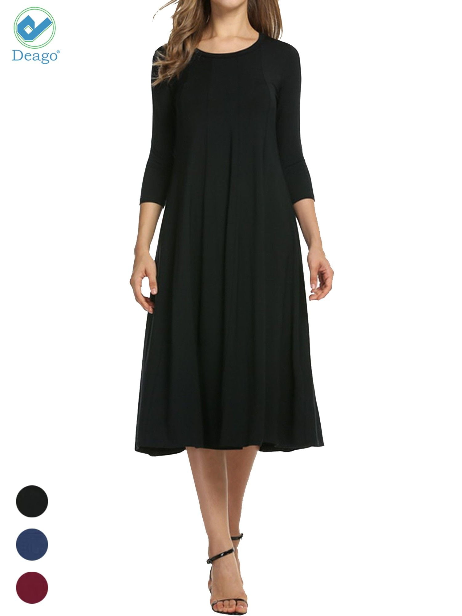 Deago Women's Casual Dresses 3/4 Sleeve Round Neck A-line and Flare Midi  Long Dress For Spring Summer Fall (Black, 2XL) - Walmart.com